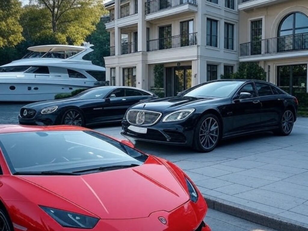 Luxury cars including a Lamborghini and Bentleys with a yacht, linked to Tembisa Hospital fraud seizure